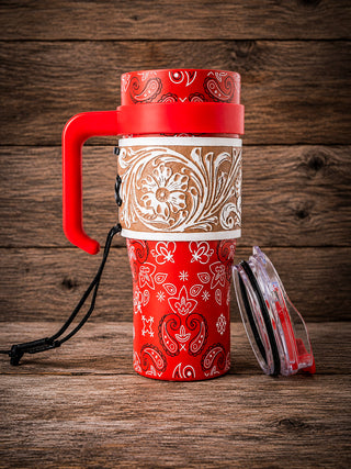 Wide Wyoming Red Bandana Tooled Leather Tumbler by Myra Bag