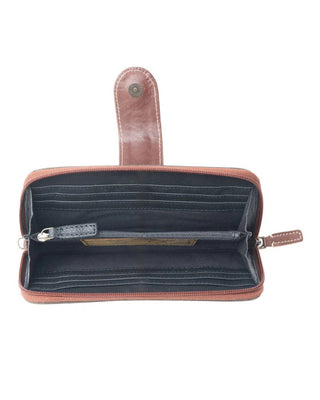 An open brown leather zip-around wallet with multiple card slots, a zippered pocket, and a snap-tab closure, shown against a plain white background.