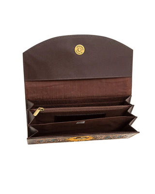 An open brown leather clutch wallet with multiple interior card slots, a zippered pocket, and gold-tone hardware, shown against a plain white background.