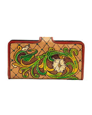 A tooled leather wallet on a plain white background. The wallet features a tan quilted background with green and yellow scrollwork, a white flower, and red leather trim.