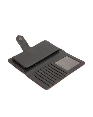 A black leather wallet shown open, featuring card slots, a slip pocket, and an ID window on a plain white background.