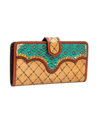 A western-style leather wallet with a tan quilted pattern, a turquoise patterned top section, and reddish-brown leather trim on a white background.