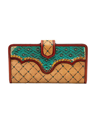 A western-style leather wallet with a tan quilted lower section, a turquoise patterned upper section, and reddish-brown trim.