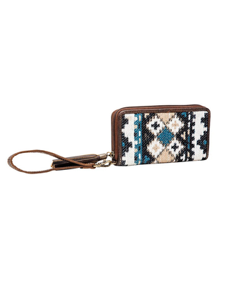 A zip-around wallet with a brown leather wrist strap, featuring a Southwestern-style geometric pattern in blue, beige, and black on a white background.