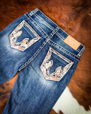Copper Scroll Embroidered Bootcut Jeans in Dark Wash by Grace in LA