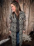 Delta Black and Ivory Aztec Long Sleeve Mesh Duster