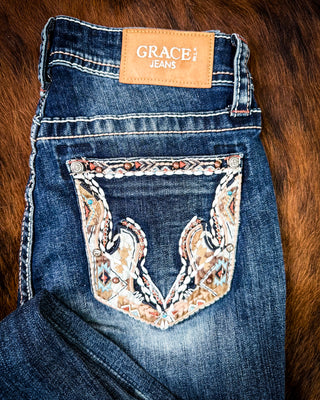 Copper Scroll Embroidered Bootcut Jeans in Dark Wash by Grace in LA