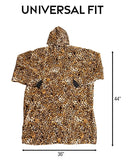 Leopard print hoodie blanket with measurements on a white background