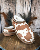 Very G cow print slippers with cozy faux fur lining and non-slip sole, western-inspired women’s casual indoor outdoor footwear