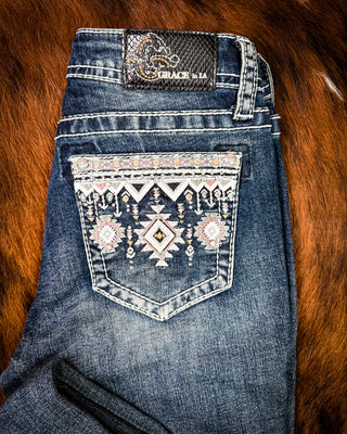 Desert Loom Aztec Bootcut Jeans in Dark Wash by Grace in LA