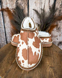 Very G cow print slippers with cozy faux fur lining and non-slip sole, western-inspired women’s casual indoor outdoor footwear