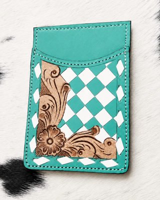Hadley Checkered Leather Card Holder in Turquoise by Countryside Co.
