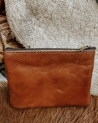 Sadie Embossed Leather Zipper Coin Pouch in Brown by Countryside Co.