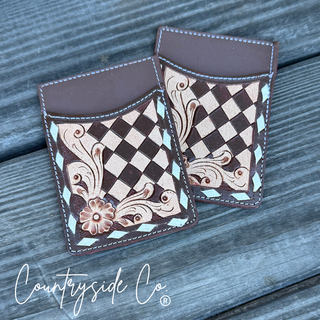 Hadley Checkered Leather Card Holder in Turquoise and Black by Countryside Co.