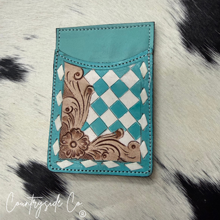 Hadley Checkered Leather Card Holder in Turquoise and Black by Countryside Co.