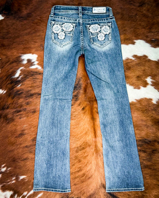 Ivory Patchwork Bootcut Jeans in Medium Dark Wash by Grace in LA