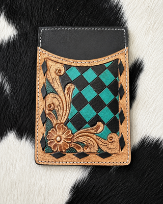 Hadley Checkered Leather Card Holder in Turquoise and Black by Countryside Co.