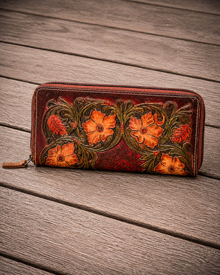 Floral Magenta Tooled Leather Wallet by Myra Bag