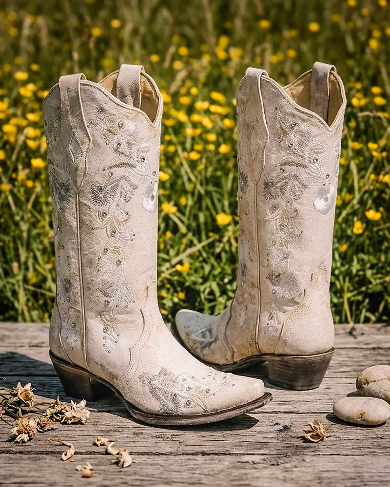 Crystal Meadow Floral Snip Toe Boots in White by Corral Boots