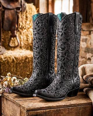 Midnight Orchid Tall Crystal Snip Toe Boots in Black by Corral Boots