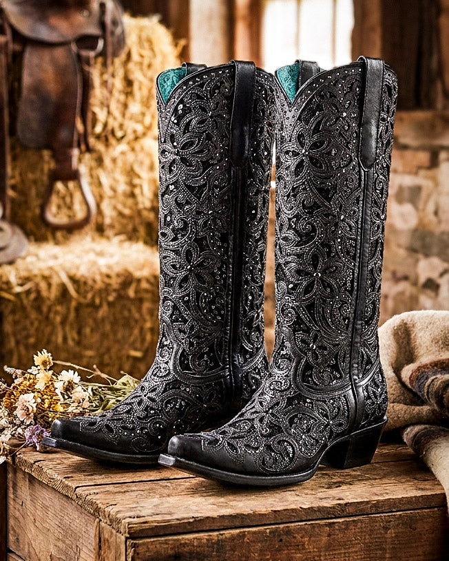 Midnight Orchid Tall Crystal Snip Toe Boots in Black by Corral Boots