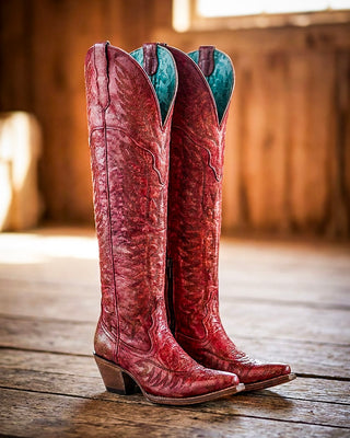 Scarlet Reign Tall Embroidered J Toe Boots in Distressed Red by Corral Boots