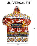 Hoodie with geometric pattern and measurements on a white background