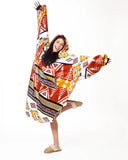 Person wearing a colorful patterned blanket hoodie on a white background