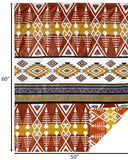 Patterned blanket with geometric design and measurements on a white background