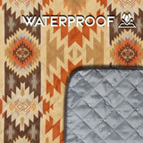 Waterproof fabric with geometric pattern and visible water droplets, featuring the words 'Waterproof'.