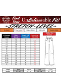 Stretch level chart for women's jeans with a white background