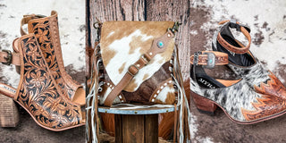 Western boutique new arrivals featuring floral leather booties, a Myra cowhide crossbody bag, and cowhide heels