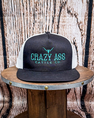 Crazy Ass Cattle Trucker Cap - Black and Turquoise