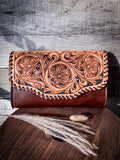 Montana West 100% Genuine Leather Hand Tooled Clutch/Crossbody - Coffee
