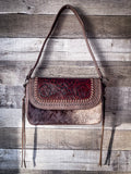 Trinity Ranch Hair-On Cowhide Vintage Floral Tooled Shoulder Bag - Coffee