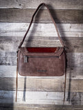 Trinity Ranch Hair-On Cowhide Vintage Floral Tooled Shoulder Bag - Coffee