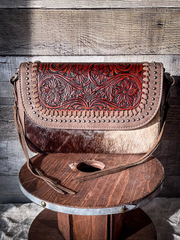 Trinity Ranch Hair-On Cowhide Vintage Floral Tooled Shoulder Bag - Coffee