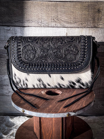 Trinity Ranch Hair-On Cowhide Vintage Floral Tooled Shoulder Bag - Black