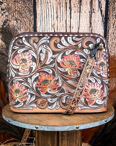 Wild Poppy Tooled Leather Crossbody Purse