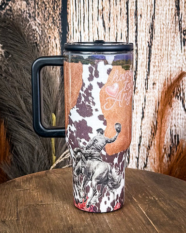 Honky Tonk Angel – 40oz Cow Print Tumbler with Handle