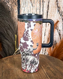 Honky Tonk Angel – 40oz Cow Print Tumbler with Handle