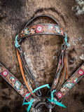 Silver Royal Blue and Pink Floral Browband Headstall