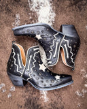 Pair of black cowboy boots with star designs on a textured brown surface