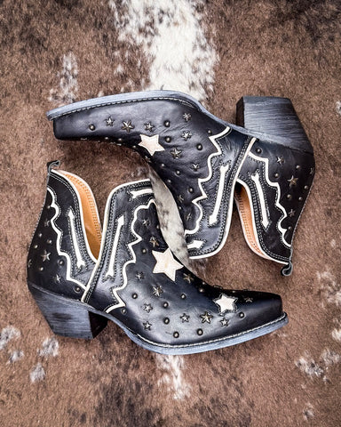 Pair of black cowboy boots with star designs on a textured brown surface