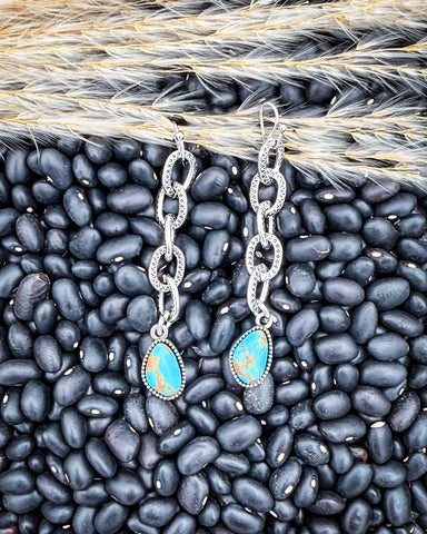 Silver chain earrings with faux turquoise stones on a bed of black beans and straw.