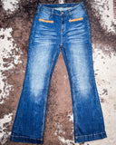 Cowgirl Tuff - Brown Western Boot Stitch High-Rise Trouser Jeans – Medium Wash with Faux Leather Detail