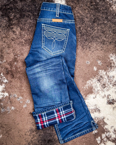Cowgirl Tuff - White Boot Stitch Flannel-Lined Jeans – Natural Waist Bootcut