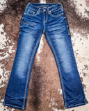 Cowgirl Tuff - White Boot Stitch Flannel-Lined Jeans – Natural Waist Bootcut