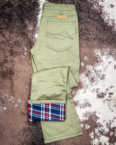 Cowgirl Tuff - Army Carpenter Flannel Lined Bootcut Jeans – Natural Waist Olive Green