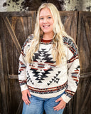 Lean On Me Knit Sweater modeled and styled on women in front of wood background.